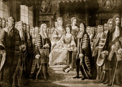 Unionsartikler bliver præsenteret for dronning Anne, 1706, illustration fra 