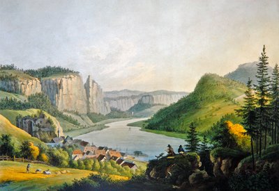 Udsigt over Wehlen på Elben nær Konigstein i Sachsen, indgraveret af Johann-Friedrich Wizani (1770-1835) (farvestik) af Johann Gottfried (after) Jentsch