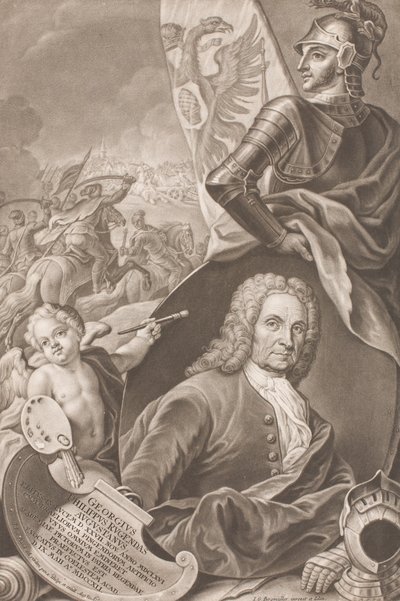 Buste af maleren Georg Philipp Rugendas med en kampscene i baggrunden af Johann Gottfried Haid