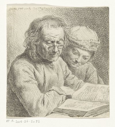Mand og dreng læser i en bog af Johann Gottlieb Glume