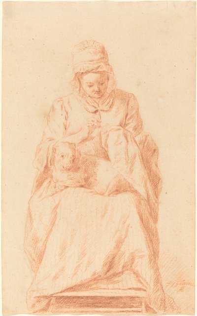 Ung kvinde syr med en hund hvilende på hendes skød af Johann Gottlieb Glume