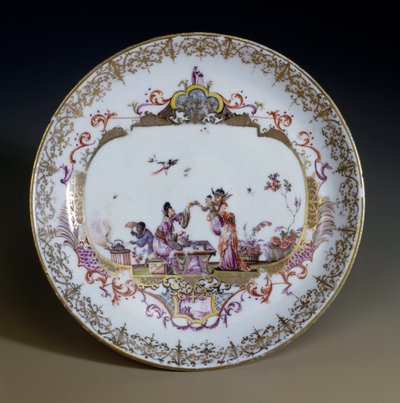 Tysk kunst: Meissen Porcelæn. Chinoiserie, der repræsenterer asiatiske karakterer, der drikker teen. Underkop dekoreret af Johann Gregor Hoeroldt (eller Herold 1696-1775), ca. 1730. Paris, dekorativ kunst af Johann Gregor Herold