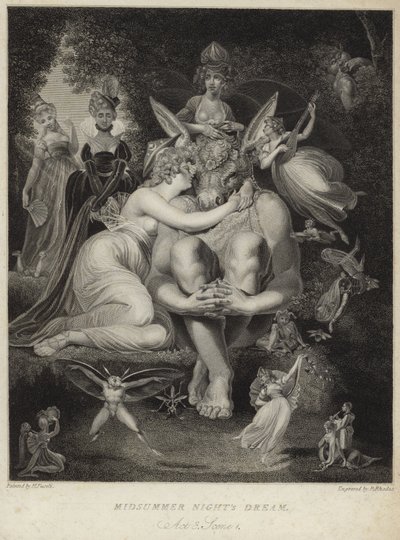 Titania kysser Bottom i en skærsommernatsdrøm af Johann Heinrich Füssli