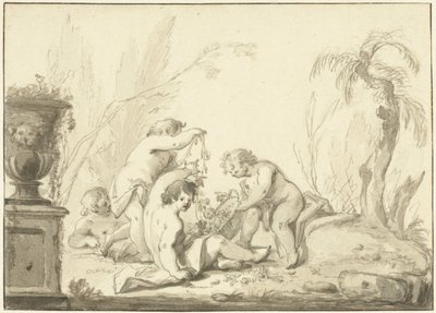 Allegorisk repræsentation med børn med en kurv med blomster af Johann Heinrich Keller (II)