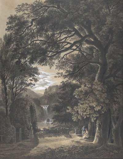 Familie samlet før et monument i et landskab med et vandfald, 1805. af Johann Heinrich Meyer
