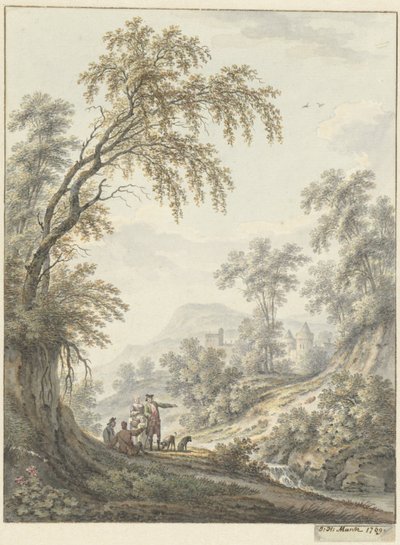 Landskab med et vandfald og et slot i det fjerne af Johann Heinrich Muntz