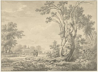 Sydlandskab med borg, kvæg og vandrere af Johann Heinrich Muntz