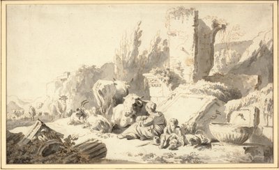 En fører med sin familie og kvæg ved siden af klassiske ruiner af Johann Heinrich Roos