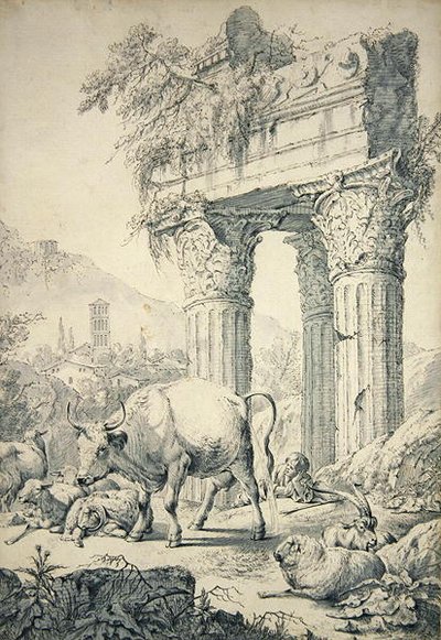 Ko i Campagnian-landskab (grafit og pen på papir) af Johann Heinrich Roos