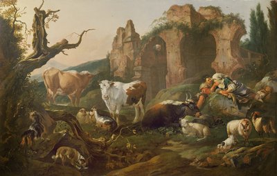 Husdyr i et landskab, 1685 af Johann Heinrich Roos