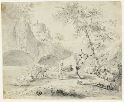 Landskab med hyrde og får, ged, kvæg af Johann Heinrich Roos