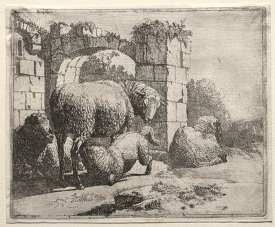 Får nær ruinerne af en bue af Johann Heinrich Roos