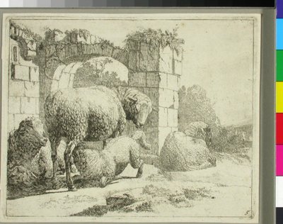 Får ved en forfalden port af Johann Heinrich Roos