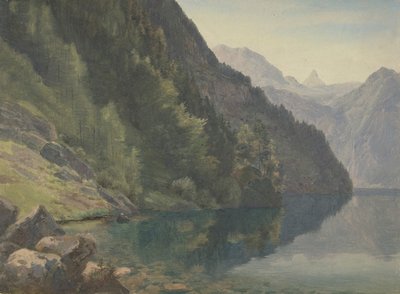 Skovklædt kyst ved Kongesøen Königsee, første halvdel af det 19. århundrede. af Johann Heinrich Schilbach