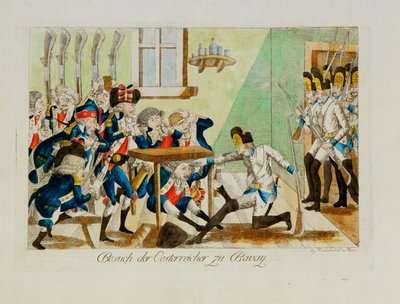 Østrigske soldater overrasker en fransk afdeling i deres kvarter i Bavai ... (kobberstik) af Johann Hieronymus Loeschenkohl