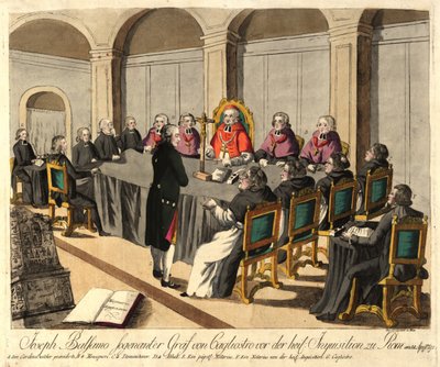 Joseph Balsamo, comte de Cagliostro, før inkvisitionen i Rom den 14. april 1791, 1791. af Johann Hieronymus Loeschenkohl