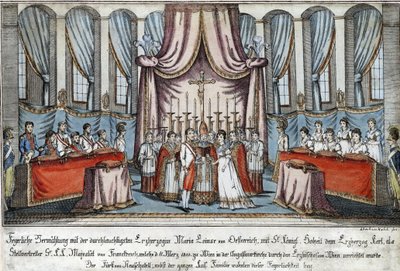 Marie-Louise giftede sig med Napoleon ved fuldmagt i Wien, hvor ærkehertug Charles træder ind for Napoleon - Loeschenkohl, Johann Hieronymus (1753-1807) - 1810 - Radering, akvarel - 33,4x44,5 - Privat samling af Johann Hieronymus Loeschenkohl