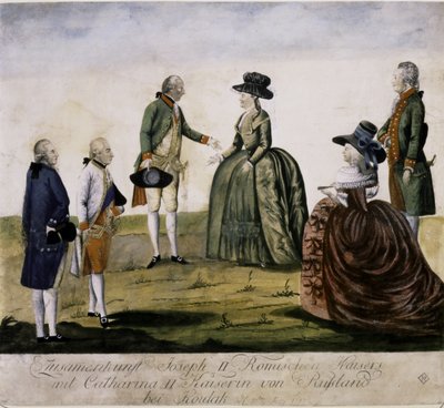 Møde mellem Katarina II og Josef II ved Dnepr på Ma... (farvestik) af Johann Hieronymus Loeschenkohl