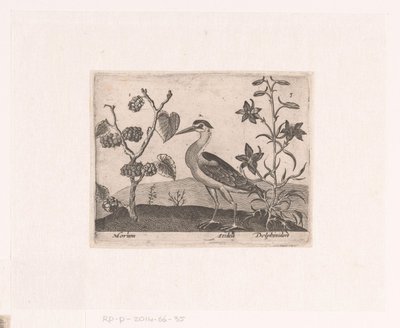 Serie af tryk med blomster og dyr i et landskab Landskab med hejre og lærkespore Landskaber med dyr, planter og blomster (serietitel) af Johann Hogenberg