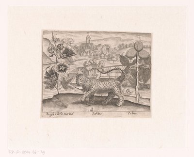 Serie af tryk med blomster og dyr i et landskab Landskab med stokrose, leopard og blommetræ Landskaber med dyr, planter og blomster (serietitel) af Johann Hogenberg