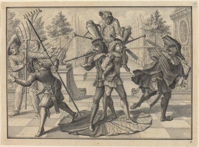 Harlekin og Scaramouche skaber et "fontæne" af Johann Jacob Schubler