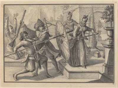 Pantaloon og lægen kæmper med akeleje og brigatella i haven af Johann Jacob Schubler