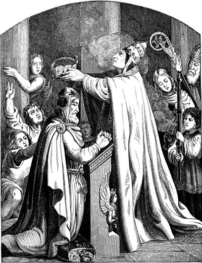 Kroningen af ​​kejser Karl den Store af pave Leo III Illustration fra det tyske folks historie af E. Duller, 1840 af Johann Jakob Kirchhoff