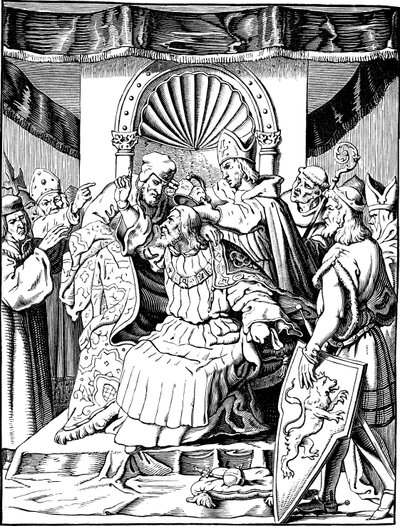 Abdikationen af ​​kejser Henrik IV i Ingelheim Illustration fra det tyske folks historie af E. Duller, 1840 af Johann Jakob Kirchhoff