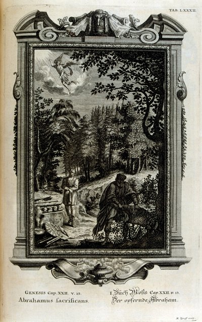 Abraham forbereder sig på at ofre Isak af Johann Jakob Scheuchzer