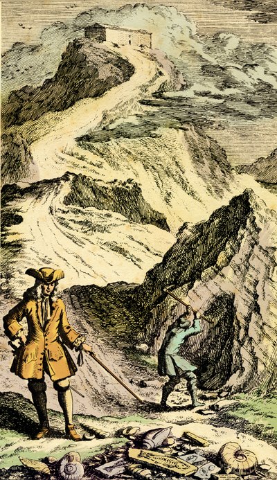 Paleonthology: Den schweiziske naturforsker Johann Jakob Scheuchzer (1672-1733) opdagede i de schweiziske bjerge sporene fra den universelle syndflod takket være fossiler. Gravering fra “Museum Diluvianum”” af Johann Jakob Scheuchzer