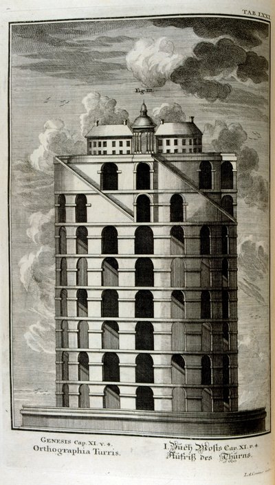 Plan over Babelstårnet set fra siden af Johann Jakob Scheuchzer