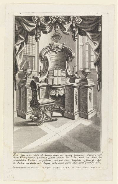 Et formet skrivebord, ... (skrivebord og stol) af Johann Jakob Schübler