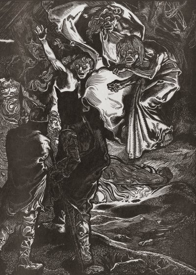 Macbeth og Banquo møder de tre hekse, 20. århundrede (gravering) af Johann Joseph Aarts