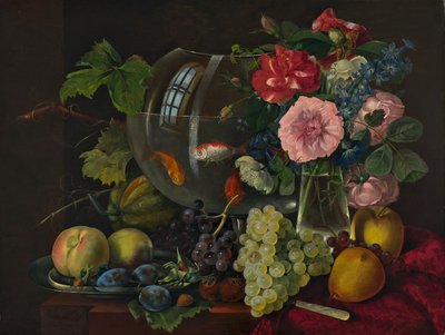 Stilleben med guldfiskeskål (olie på træ) af Johann Knapp