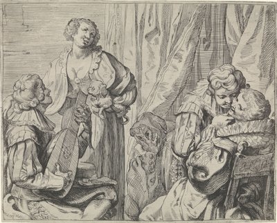 Unge forelskede par og et fjols i et interiør af Johann Liss