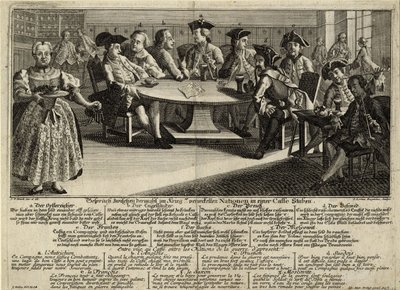 Samtale mellem 7 nationer involveret i krigen på en café, 1757 af Johann Lorenz Rugendas the Elder