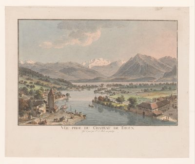 Udsigt over Thun-søen fra Thun Slot Vue prize du chateau de Thoun (titel på objekt) af Johann Ludwig Aberli