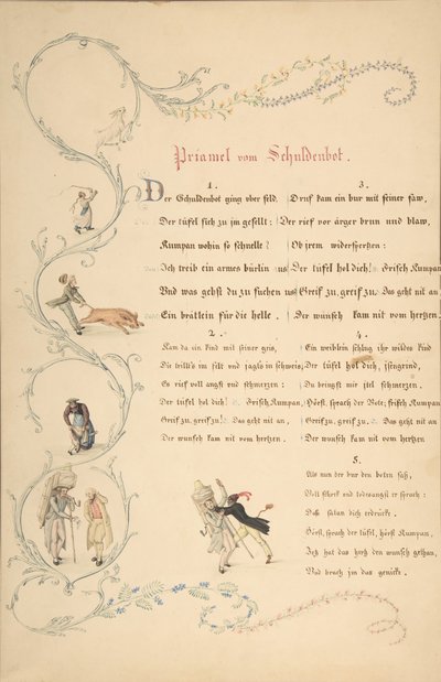 Ark med vers: Priamel vom Schuldenbot, slutningen af det 18.-begyndelsen af det 19. århundrede. af Johann Martin Usteri