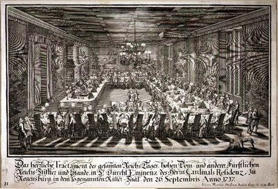 Banket i kongens sal ved kardinalpaladset af Regensburg, 26. september 1717 (gravering) af Johann Matthias and Geyer Andreas Steidlin