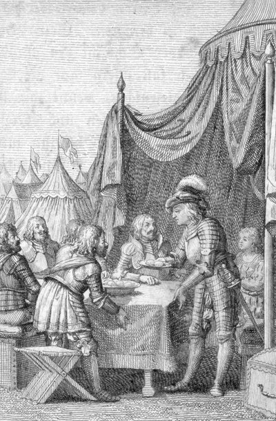 Kejser Ludvig IV (1282-1347) af Baviere med sine officerer i slaget ved Muhldorf (eller Ampfing) den 28. september 1322 (Louis IV, hellig romersk kejser ved slaget ved Muhldorf den 28. september 1322 på Ampfing-heden) Gravering af Johann Michael Mettenleit af Johann Michael Mettenleiter