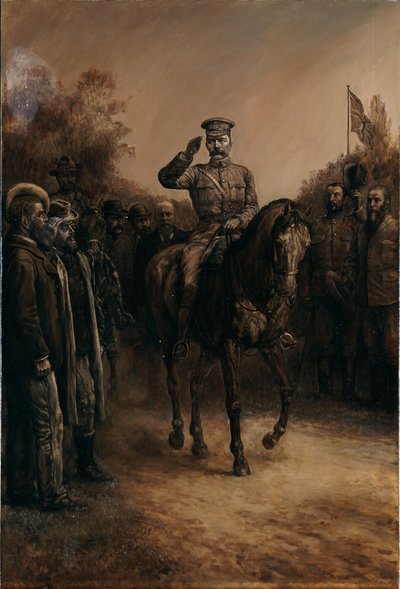 General Lord Kitchener hylder, mens han rider forbi boerledere, der står og tager hatten af, 1902 af Johann Nepomuk Schonberg