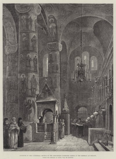 Interiør af katedralen Assumption Church (Uspenski Sabor) i Kreml i Moskva, hvor Ruslands kejser vil blive kronet af Johann Nepomuk Schonberg