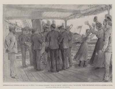 International høflighed på vej til Kina, den tyske damper Prinz Heinrich hilser HMS Highflyer med den britiske nationalsang i Suez af Johann Nepomuk Schonberg
