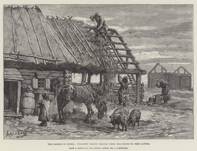 Hungersnøden i Rusland, bønder, der tager stråtækt fra tagene for at fodre kvæg af Johann Nepomuk Schonberg