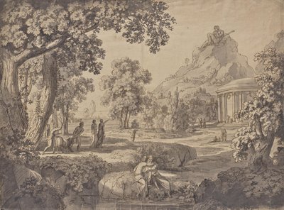 Klassisk landskab med et tempel, en kæmpe på et bjerg af Johann Nepomuk Schödlberger