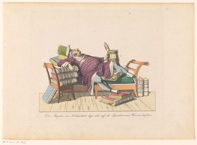 Leraar van Krähwinkel liggende på en sofa med bøger Magister von Krähwinkel lægger sig ned på sprogene og videnskaberne (titel på objekt) af Johann Nussbiegel (possibly)