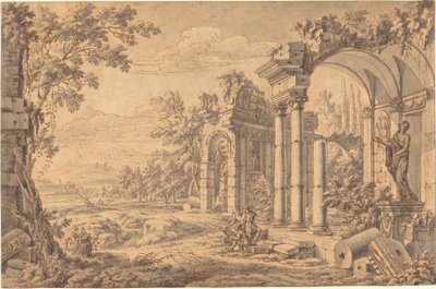 Landskab med en tegner blandt gamle ruiner af Johann Oswald Harms