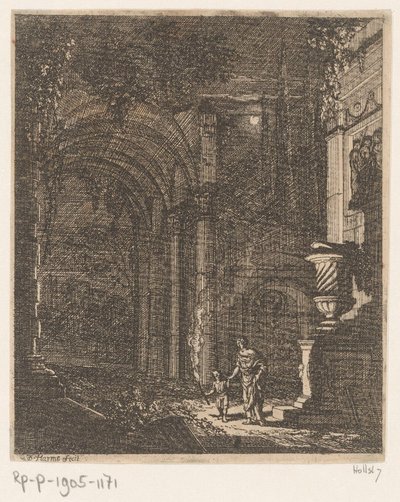 To figurer oplyser gamle ruiner med en fakkel Gamle ruiner og bygninger (serietitel) Alcune Inventione de Ruini et Architectura (...) (serietitel) af Johann Oswald Harms
