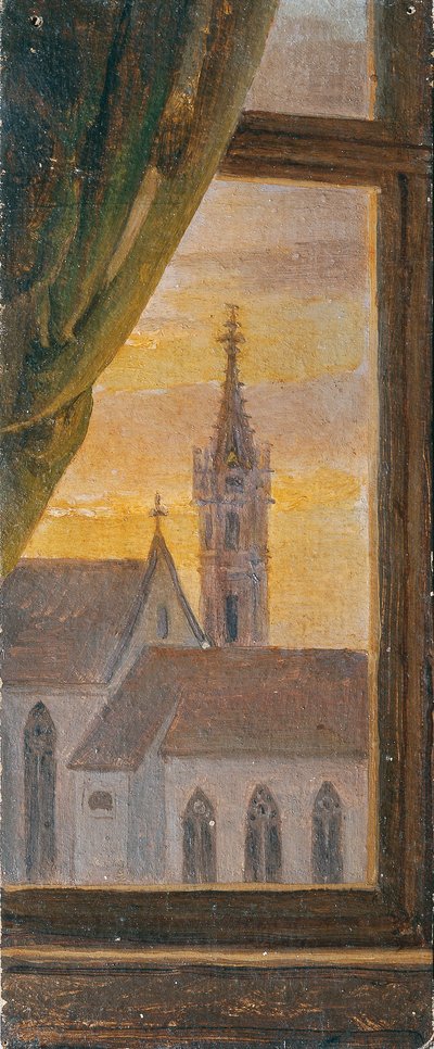 Udsigt gennem et vindue af et gotisk kirketårn af Johann Peter Krafft