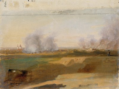 Landskabsstudie med brændende landsbyer i baggrunden af Johann Peter Krafft